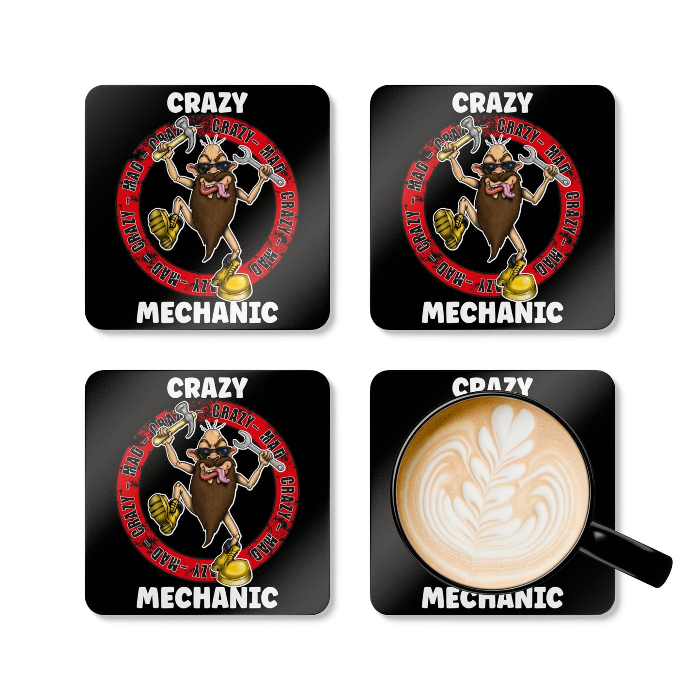 Crazy Mechanic Corkwood Coaster Set - Funny Bearded Mechanic Tools Drink Coasters