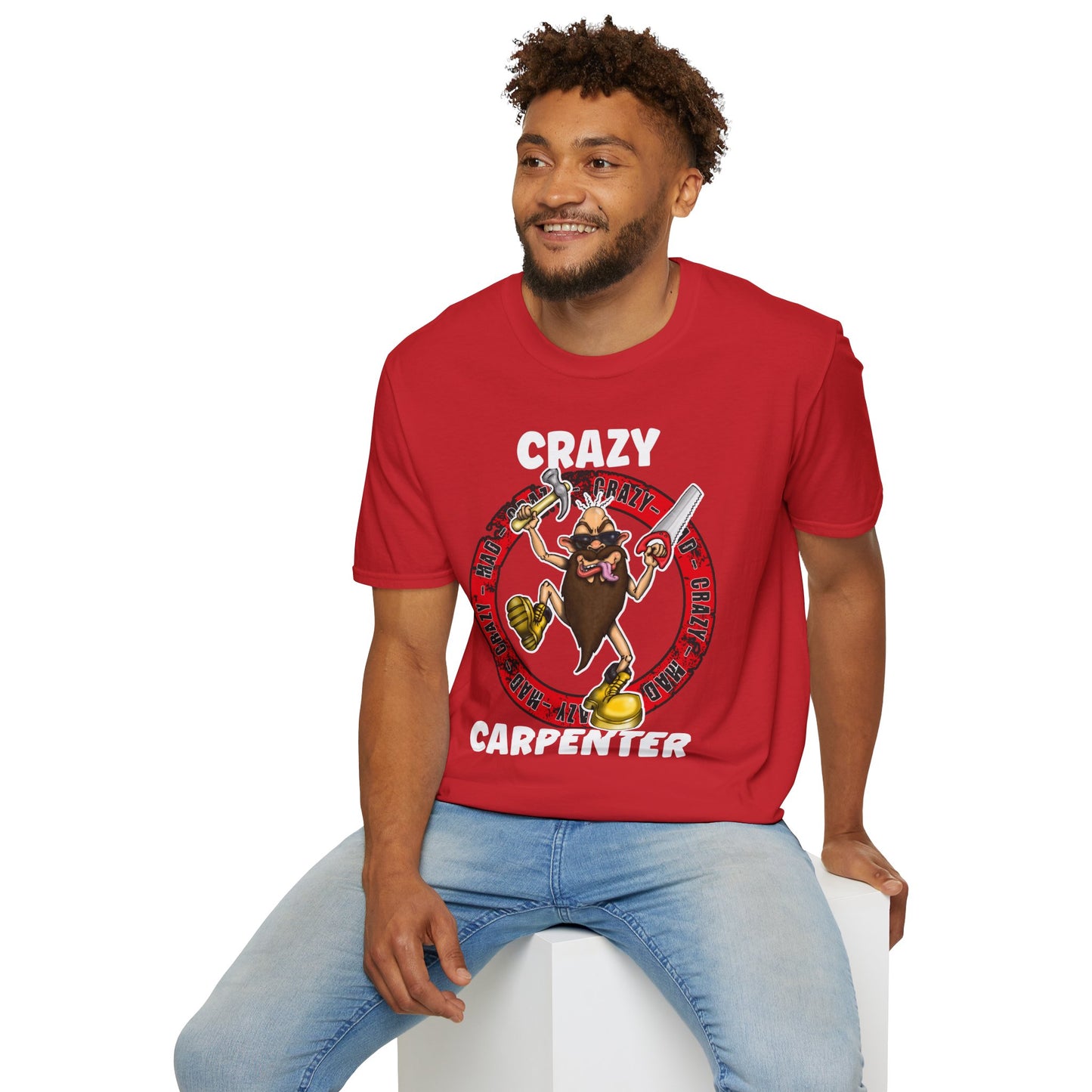 Crazy Carpenter T-Shirt — Funny Tool Mascot Tee for Woodworkers & Tradespeople