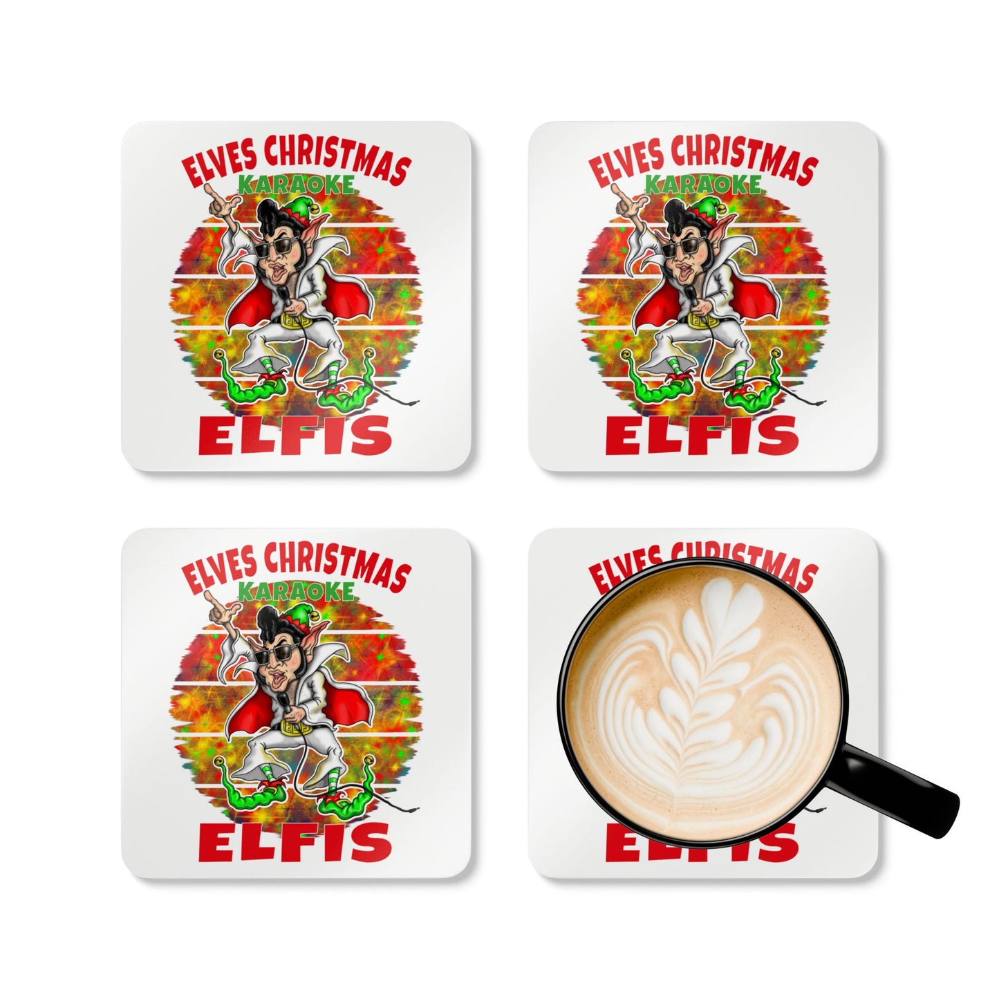 Elvis Christmas Karaoke Coaster Set — 'Elfis' Cork Drink Coasters