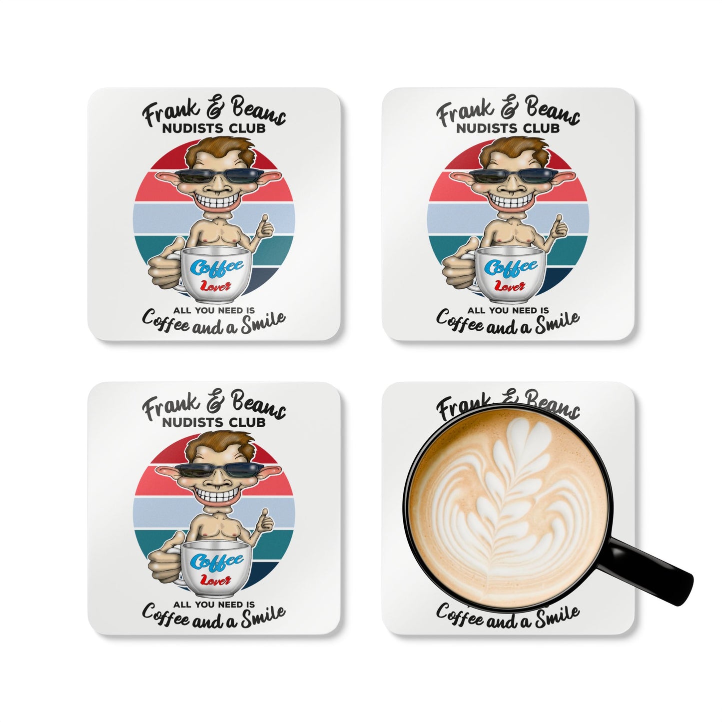 Cork Coaster - "Frank & Beans Nudists Club" Coffee Lover Corkwood Coaster Set