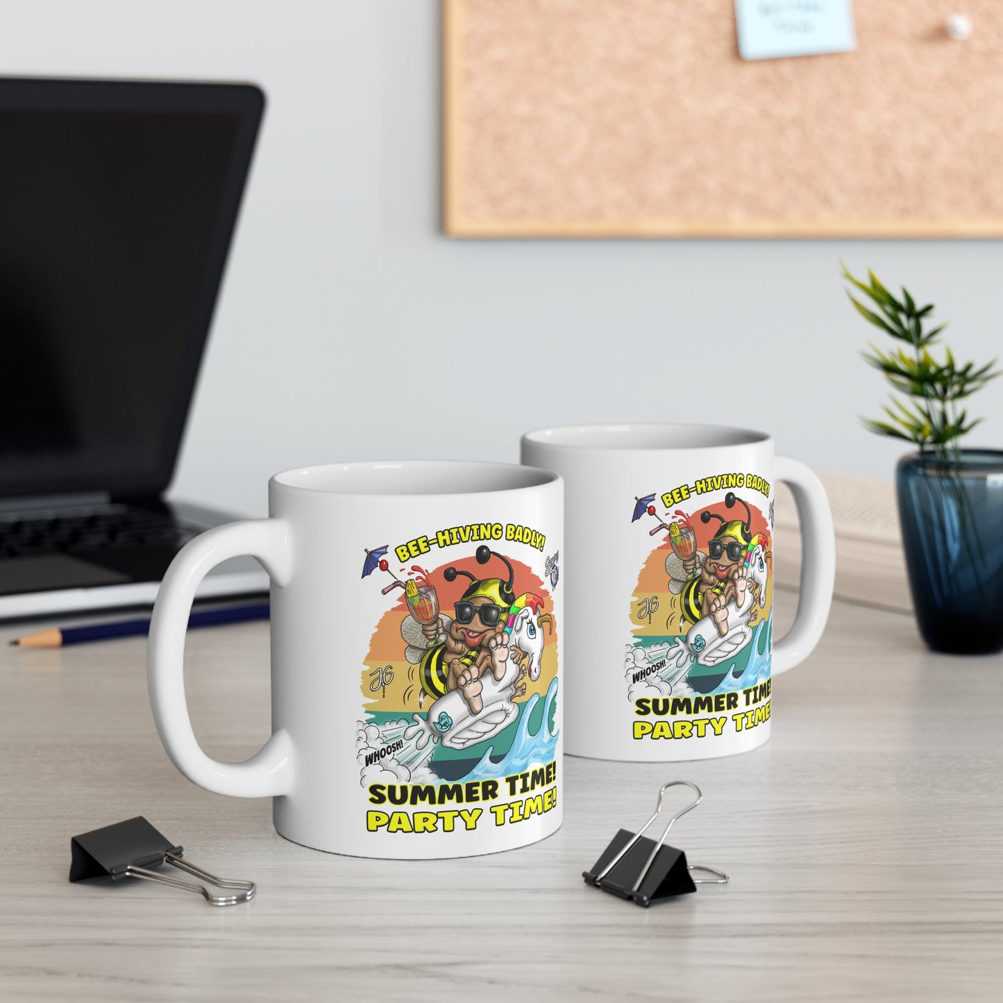 Summer Party Mug — 'Bee-Hiving Badly! Summer Time! Party Time!' Ceramic Coffee Cup