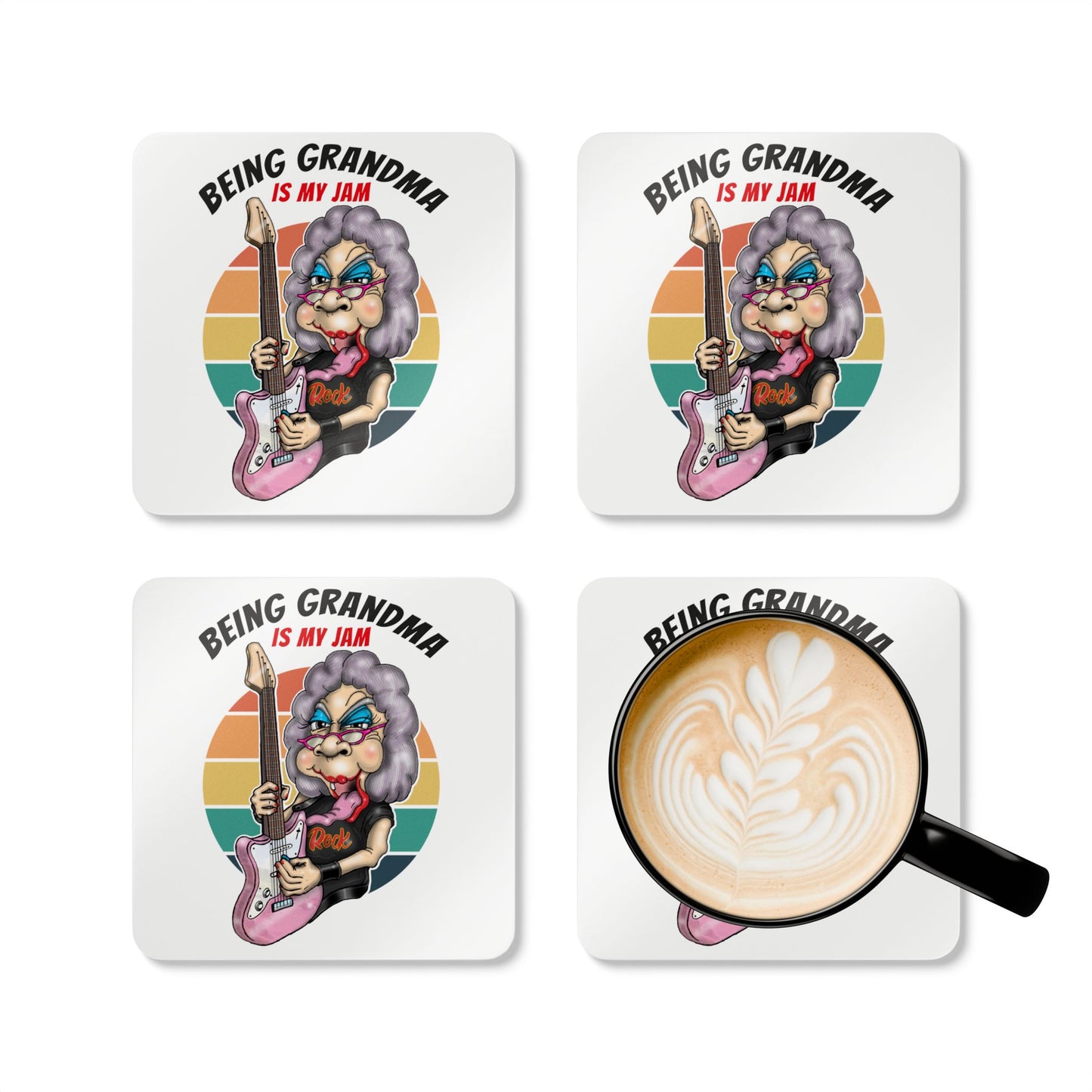 Grandma Jammin' Pink Guitar Coaster Set — Retro Sunset Drink Coasters