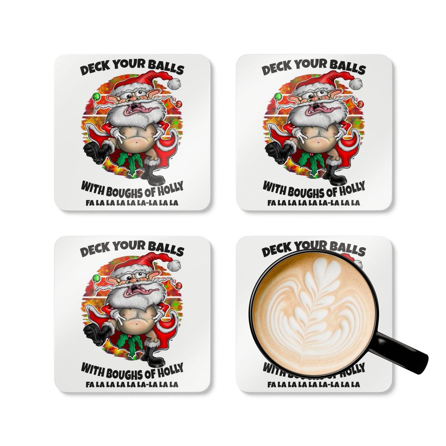 Funny Christmas coaster set ‘Deck Your Balls with Boughs of Holly’ Holiday Drink Coasters
