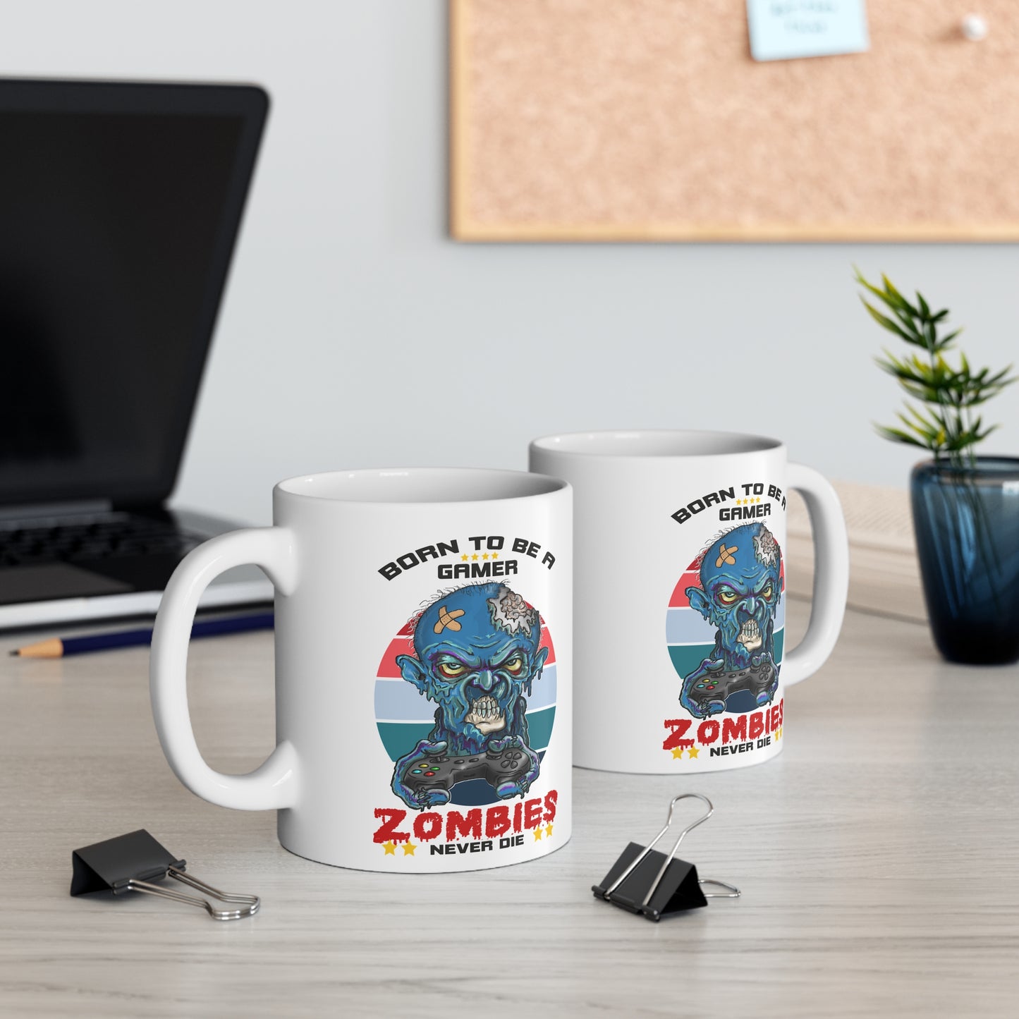 Gamer Mug — "Born to Be a Gamer, Zombies Never Die" Ceramic Coffee Cup