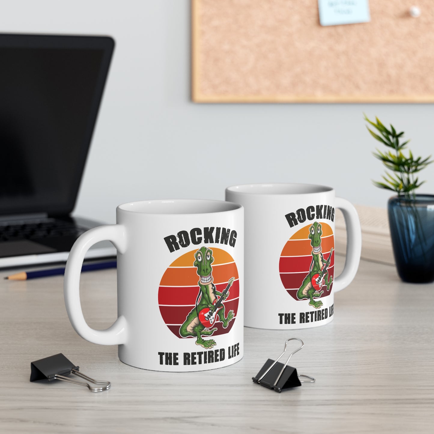 Rocking the Retired Life Mug — Funny Retirement Coffee Cup with Guitar Dinosaur