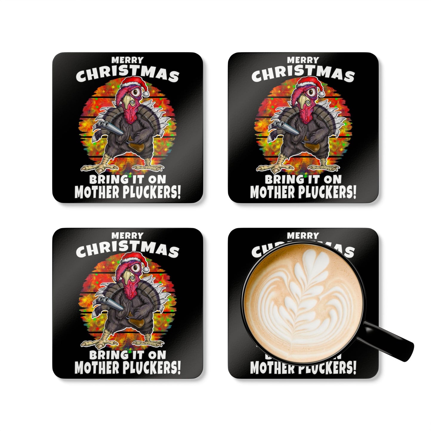 Christmas Turkey Cork Coaster Set — “Merry Christmas, Bring It On Mother Pluckers!” Holiday Drink Coasters