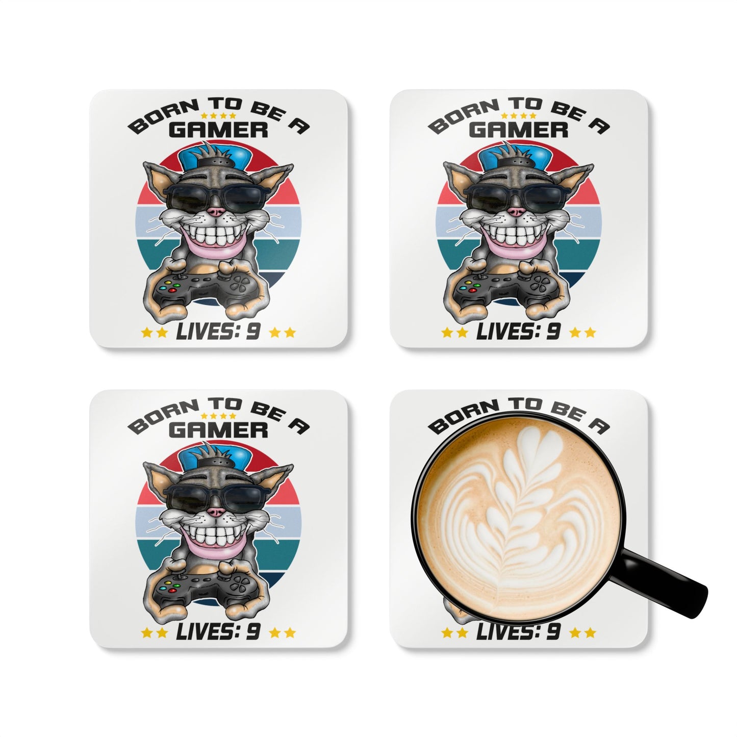 Gamer Cat Corkwood Coasters — "Born to Be a Gamer" Set (Lives: 9)
