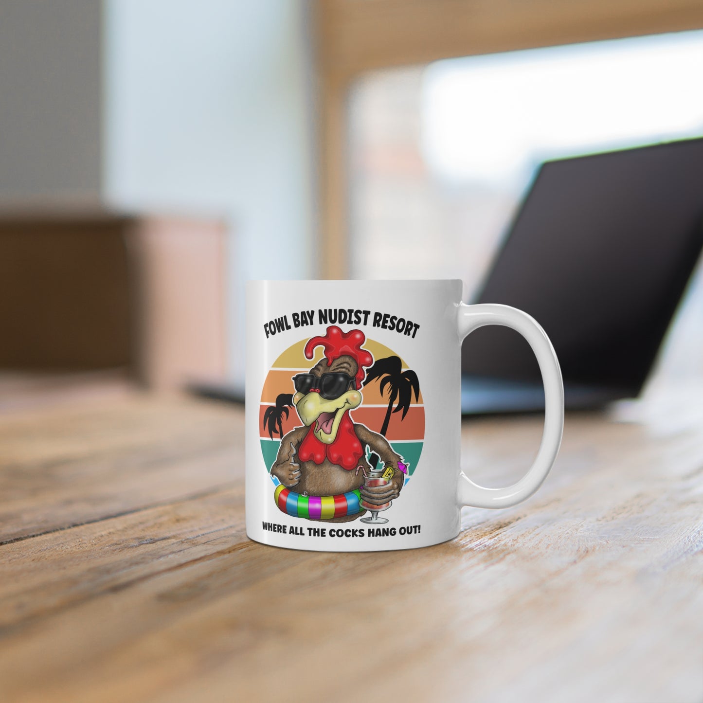 Fowl Bay Nudist Resort Mug — "Where All the Cocks Hang Out" Ceramic Coffee Cup