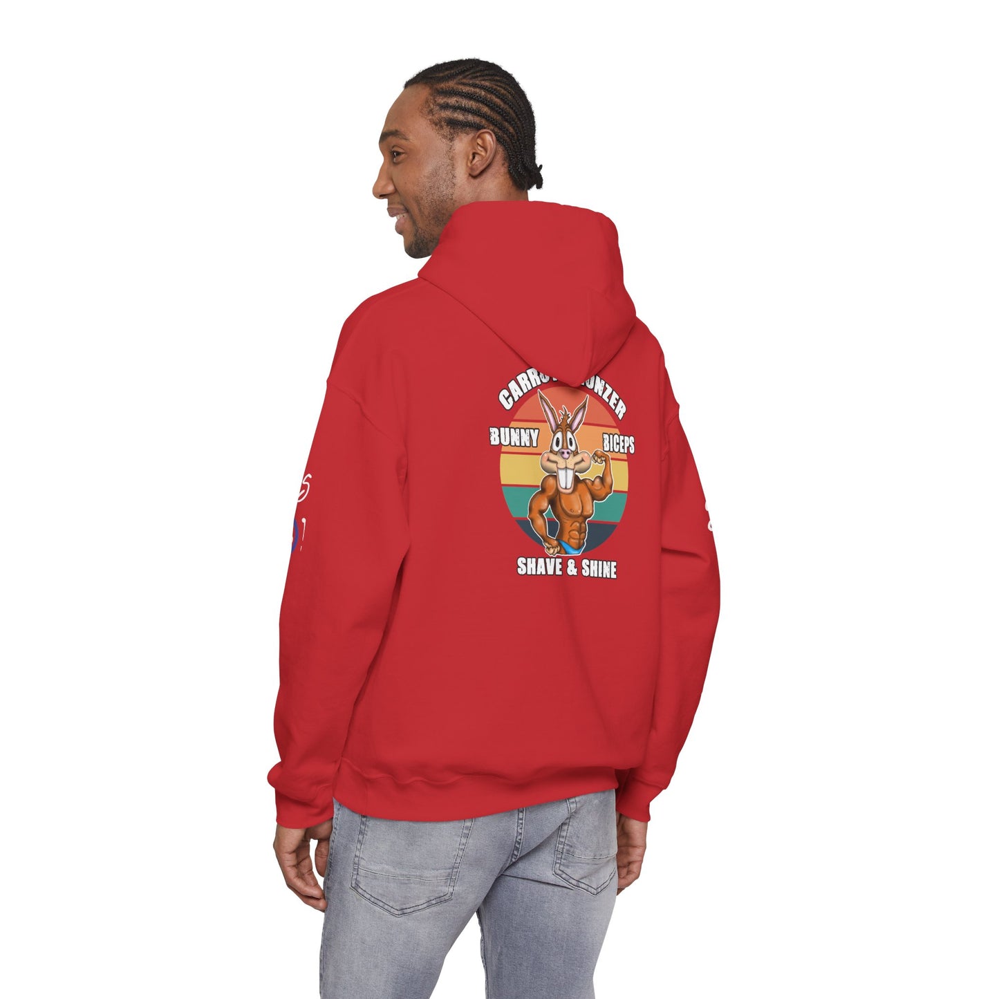 Funny 'Gym Bunny' Hoodie — Bunny Biceps & Carrot Bronzer Design