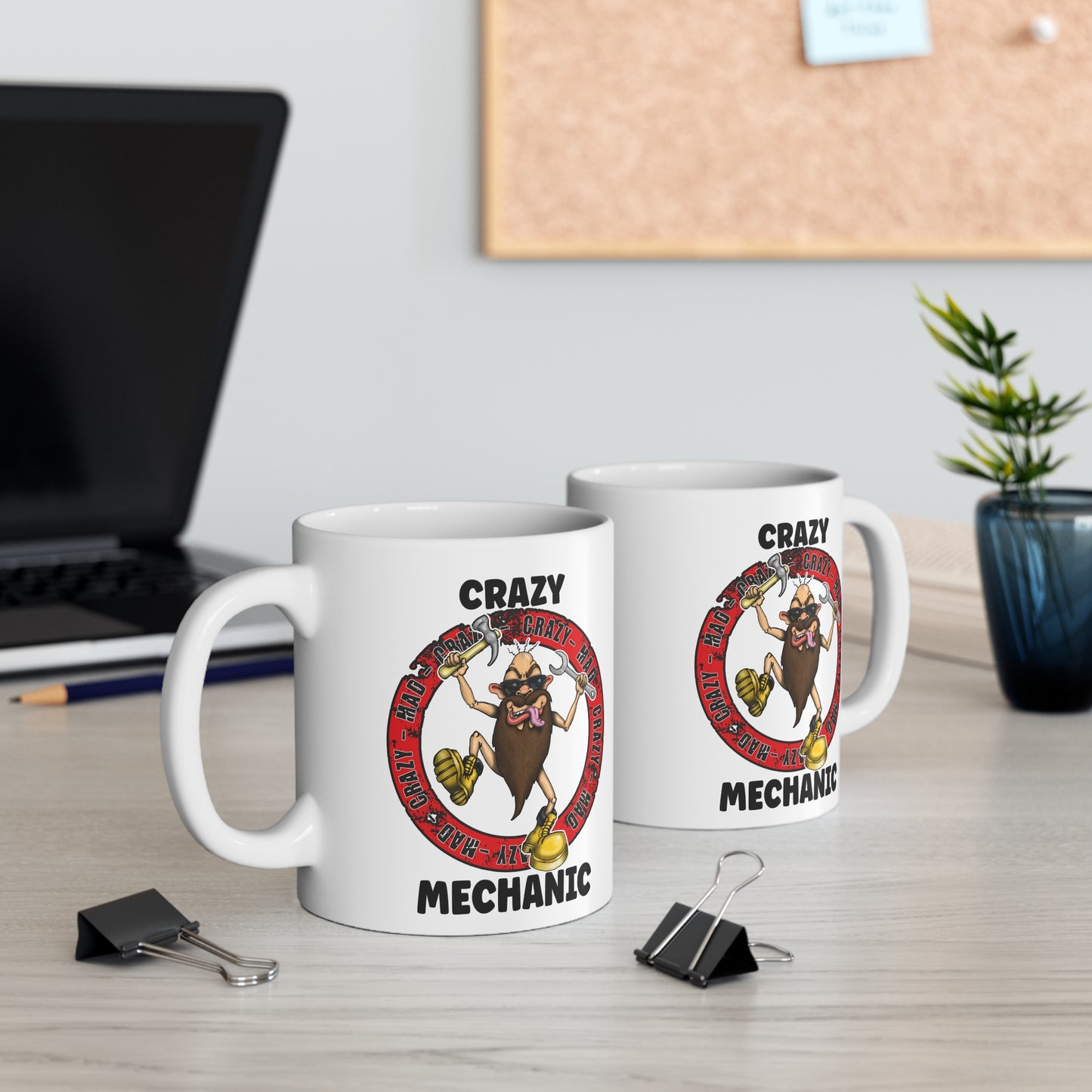 Crazy Mechanic Mug — Funny Auto Repair Coffee Cup, 'Crazy' Beard Character 11oz