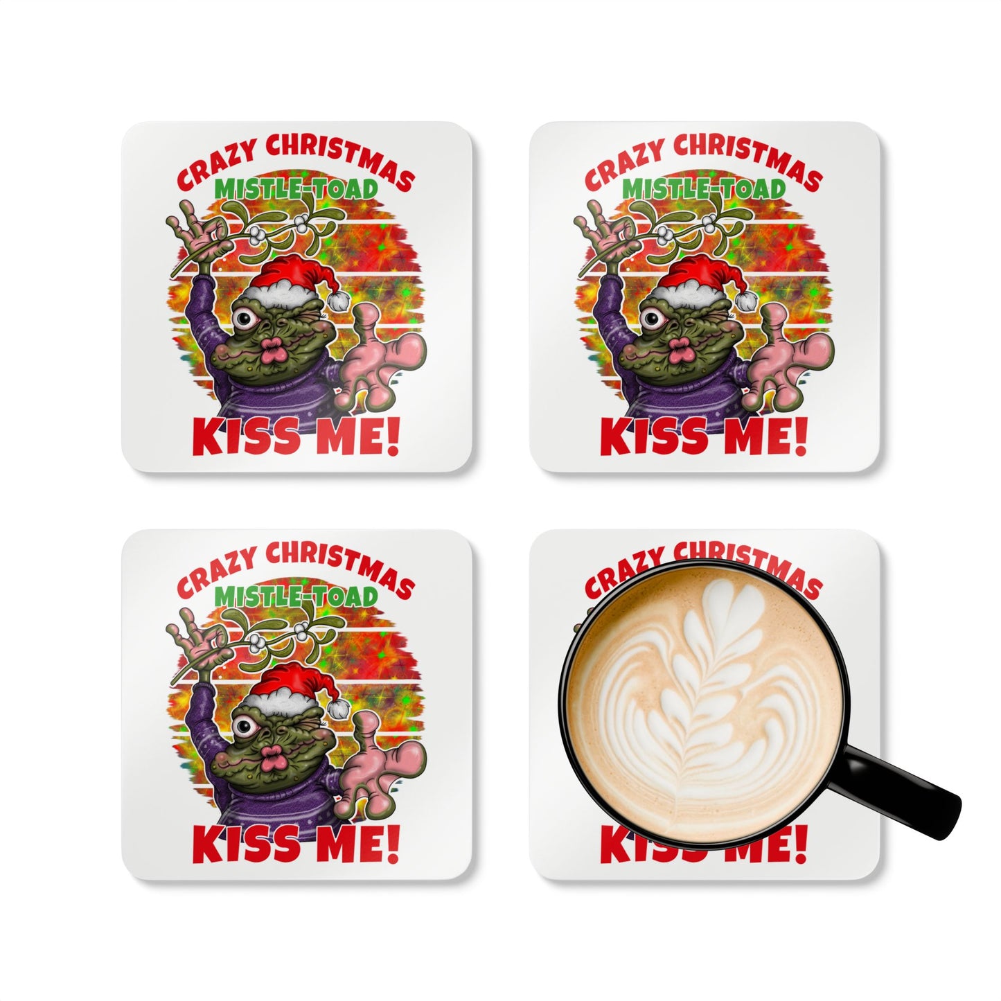 Cork Coaster Set — "Crazy Christmas Mistle-Toad Kiss Me" Holiday Drink Coasters