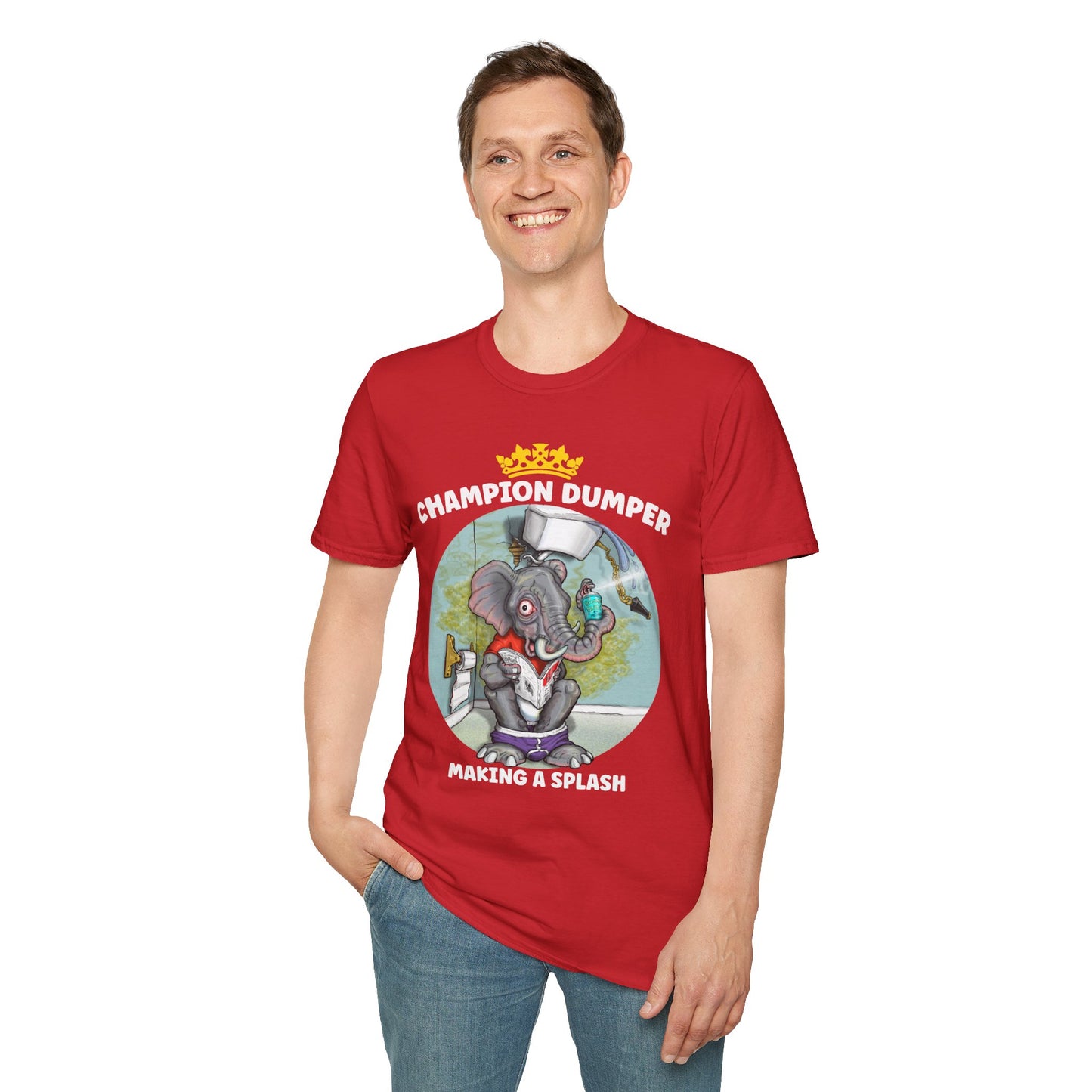 Champion Dumper T-Shirt — Funny Novelty Elephant 'Making a Splash' Tee
