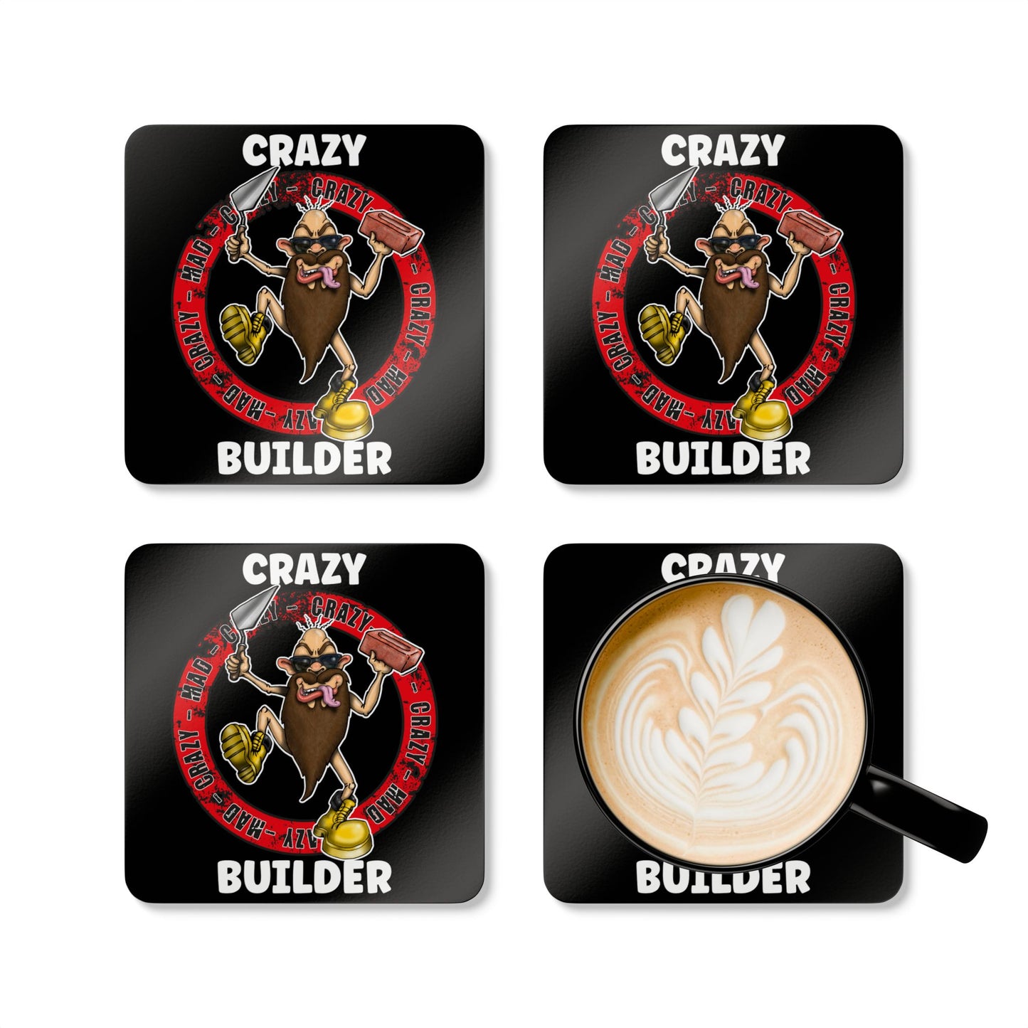 Crazy Builder Cork Coaster Set — Funny Construction Worker Drink Coasters