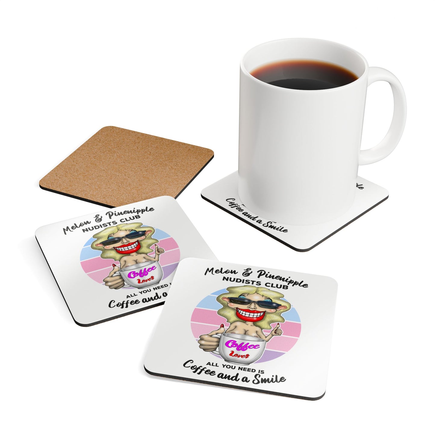 Cork Coaster Set — 'Melon & Pineapple Nudists Club' Coffee Lover Drink Coasters (All You Need Is Coffee and a Smile)