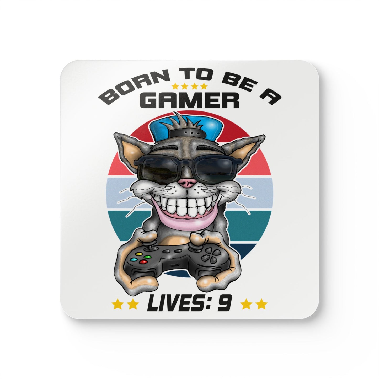 Gamer Cat Corkwood Coasters — "Born to Be a Gamer" Set (Lives: 9)