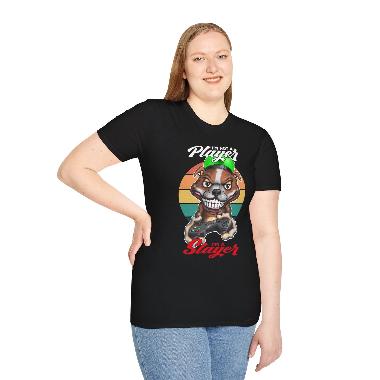 I'm Not A Player I'm A Slayer T-Shirt — Gamer Retro Pit Bull Graphic Tee