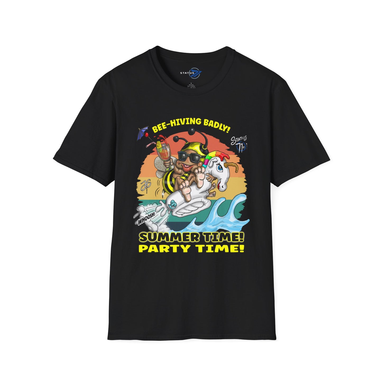 Summer Surf Party T‑Shirt — "Summer Time! Party Time!" Retro Surfing Bee Graphic