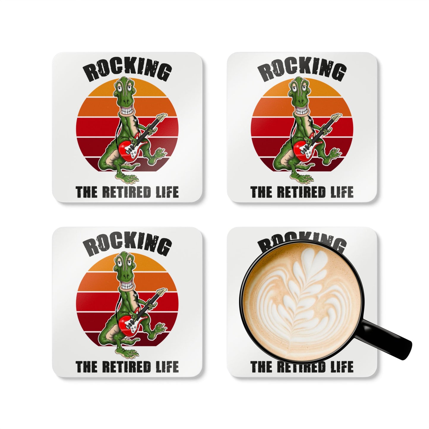 Cork Coaster Set - 'Rocking the Retired Life' Funny Guitar Dinosaur Retirement Drink Coasters