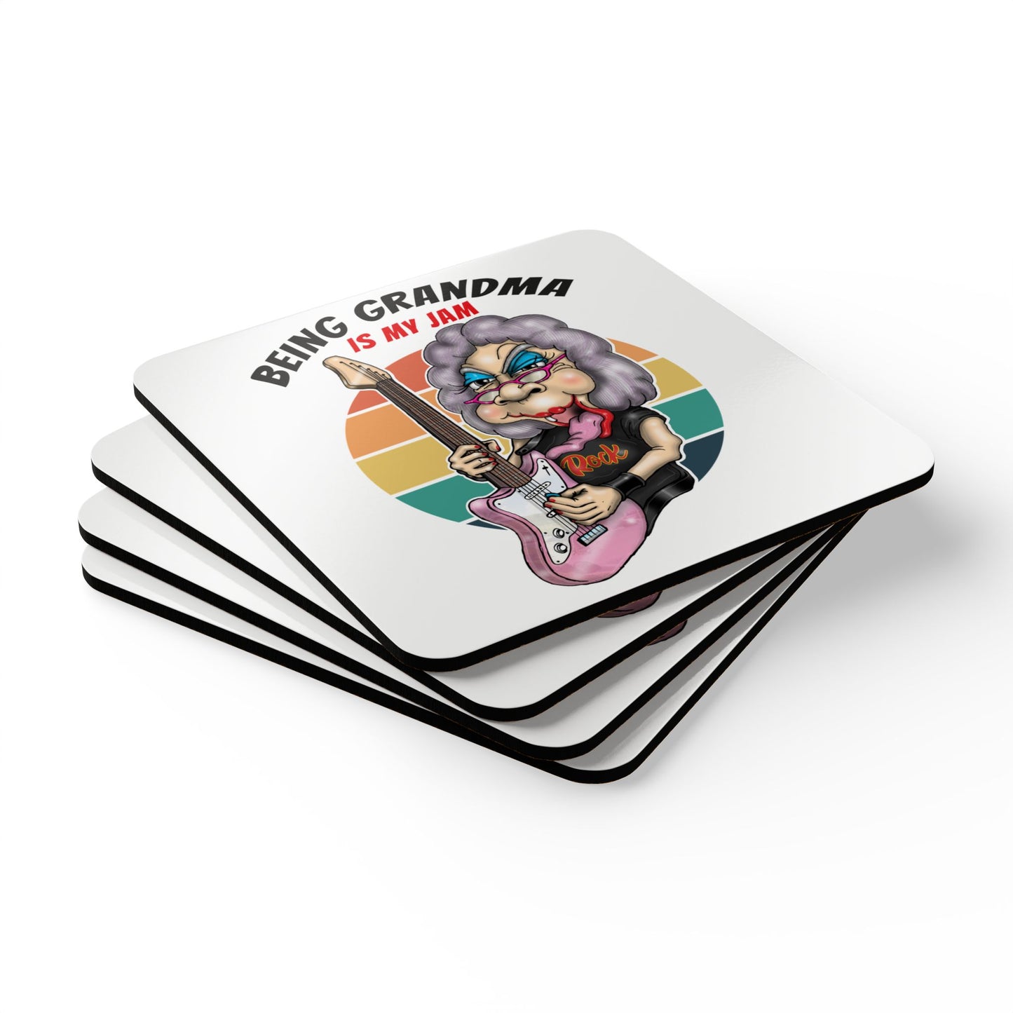 Grandma Jammin' Pink Guitar Coaster Set — Retro Sunset Drink Coasters