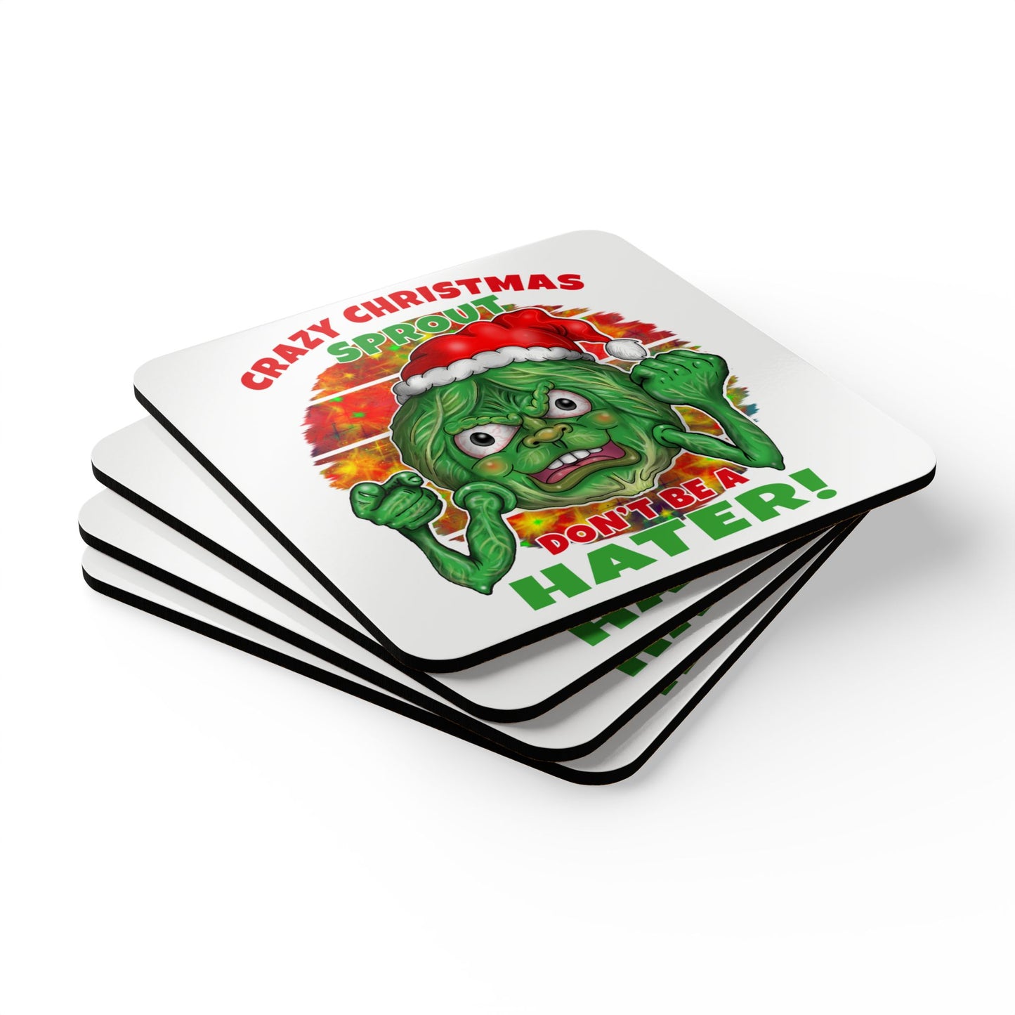 Coaster - "Crazy Christmas Sprout" Holiday Cork Drink Coaster Set (Don't Be a Hater!)