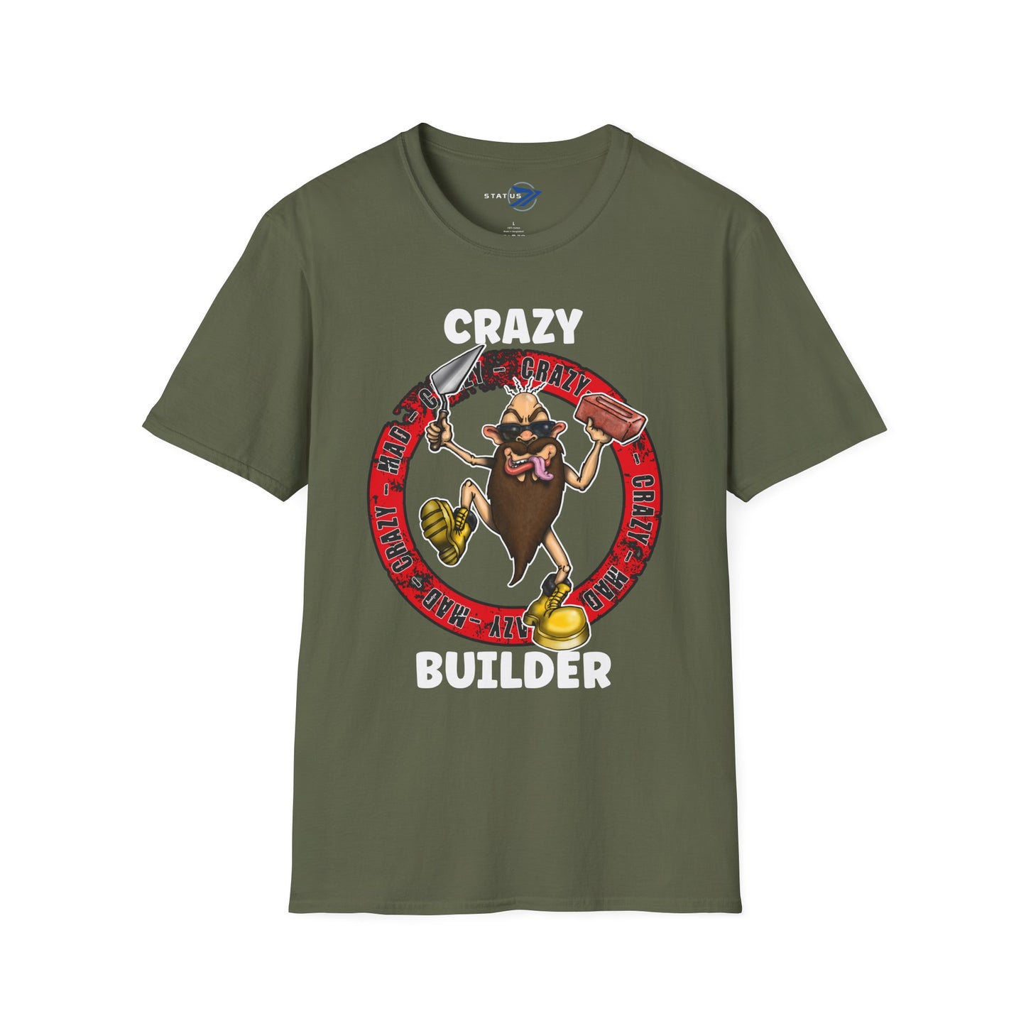 Crazy Builder T-Shirt — Funny Construction Worker Hardhat Mascot Tee
