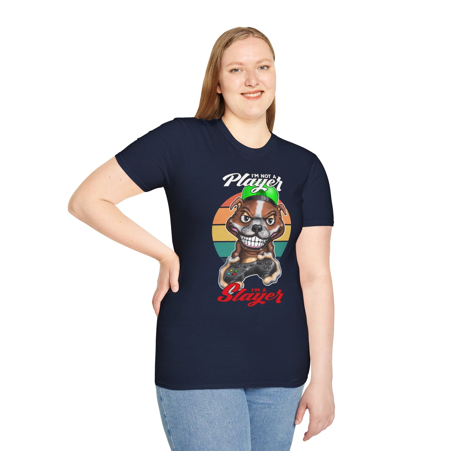 I'm Not A Player I'm A Slayer T-Shirt — Gamer Retro Pit Bull Graphic Tee