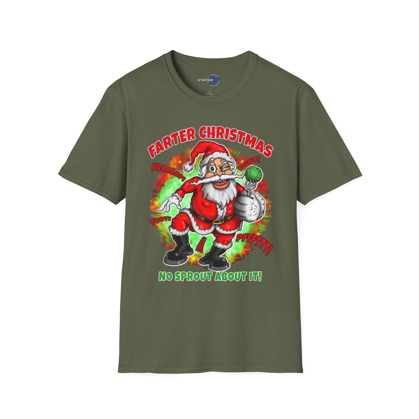 Funny Christmas T-Shirt — "Farter Christmas: No Sprout About It!" Santa Graphic Tee
