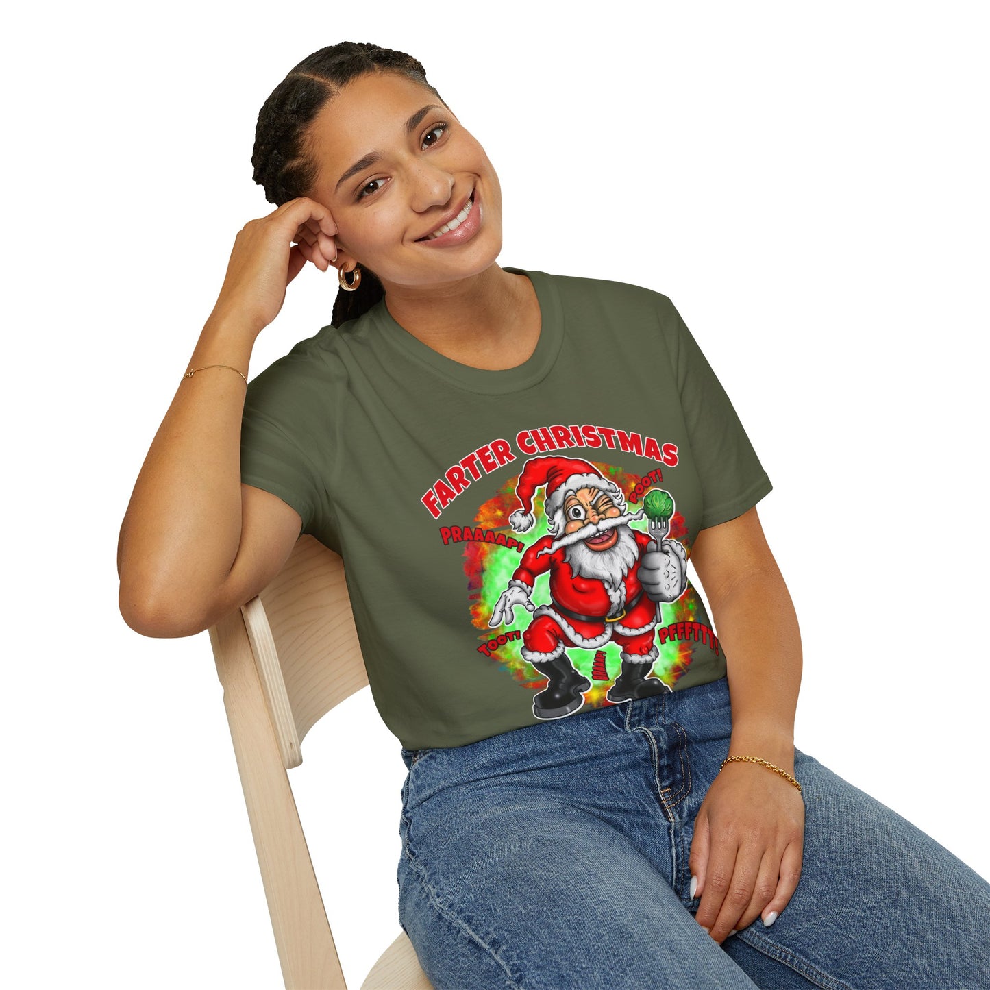 Funny Christmas T-Shirt — "Farter Christmas: No Sprout About It!" Santa Graphic Tee