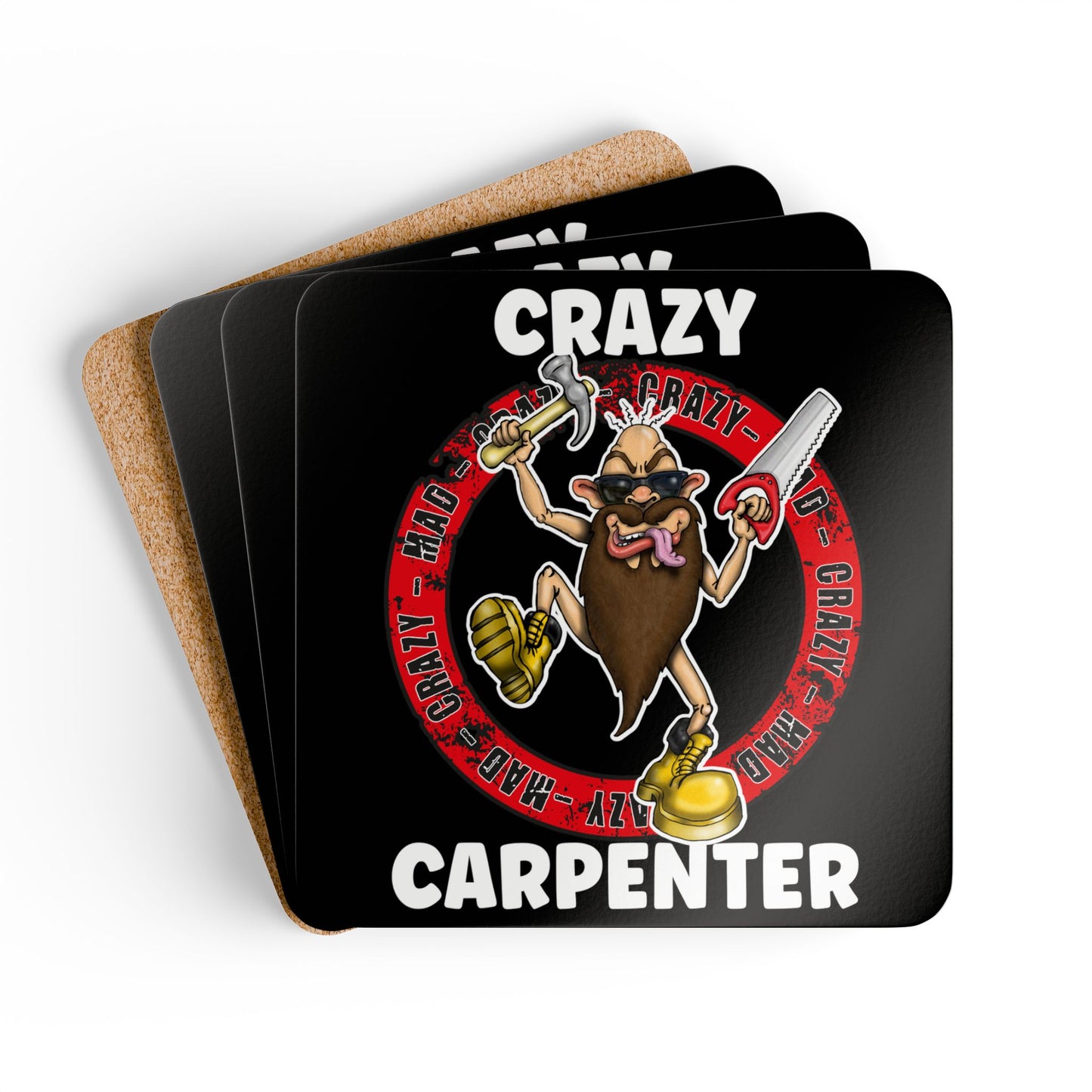 Crazy Carpenter Corkwood Coaster Set — Funny Carpenter Tools Drink Coasters