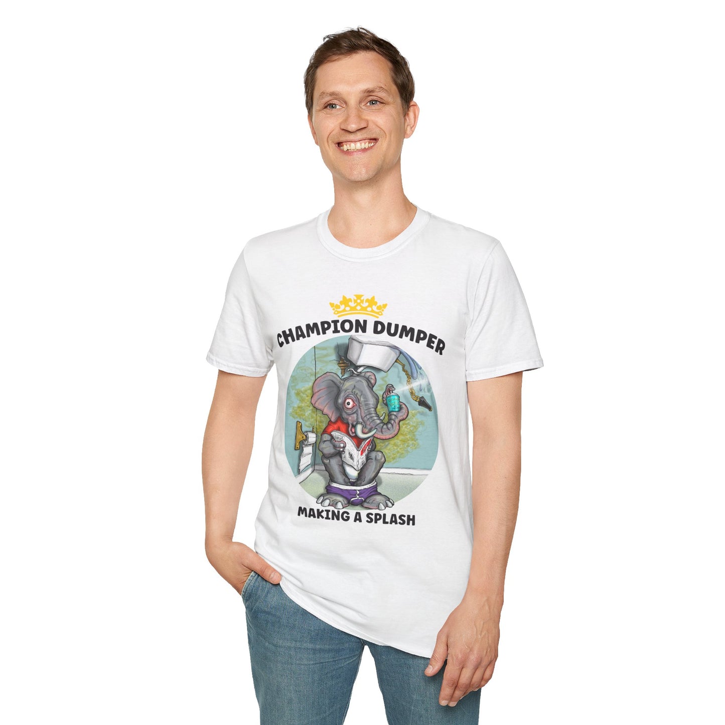 Champion Dumper T-Shirt — Funny Novelty Elephant 'Making a Splash' Tee