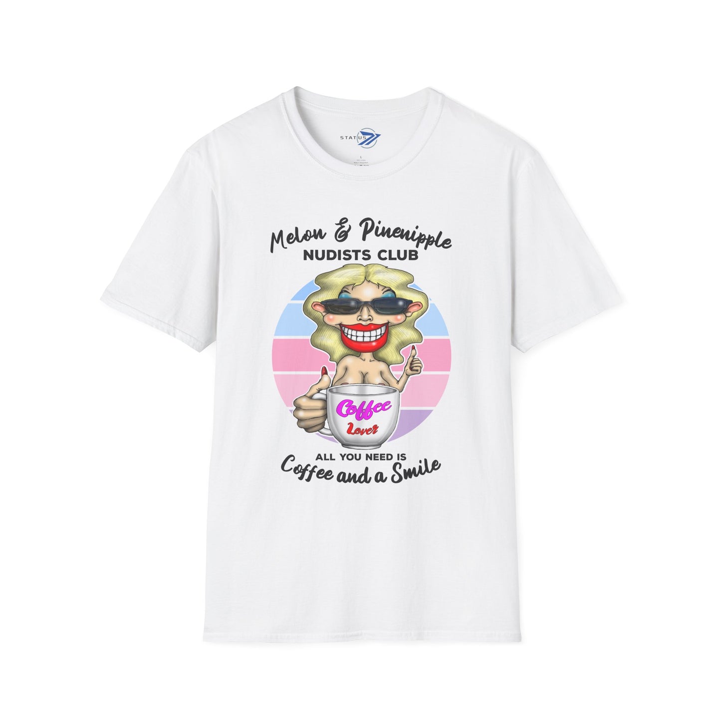 Melon & Pineapple Nudists Club T-Shirt — "All You Need Is Coffee and a Smile" Vintage Graphic Tee