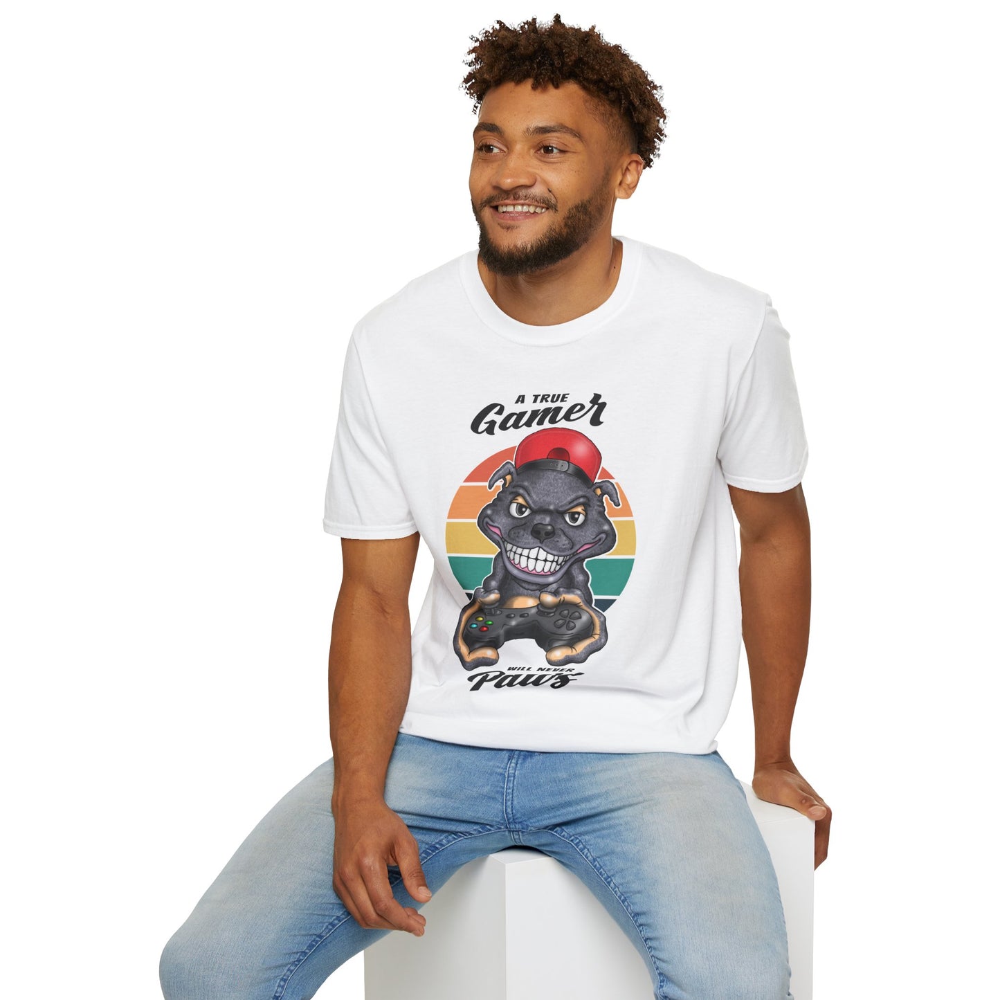 A True Gamer Never Paws T-Shirt — Retro Pit Bull Holding Game Controller Graphic Tee