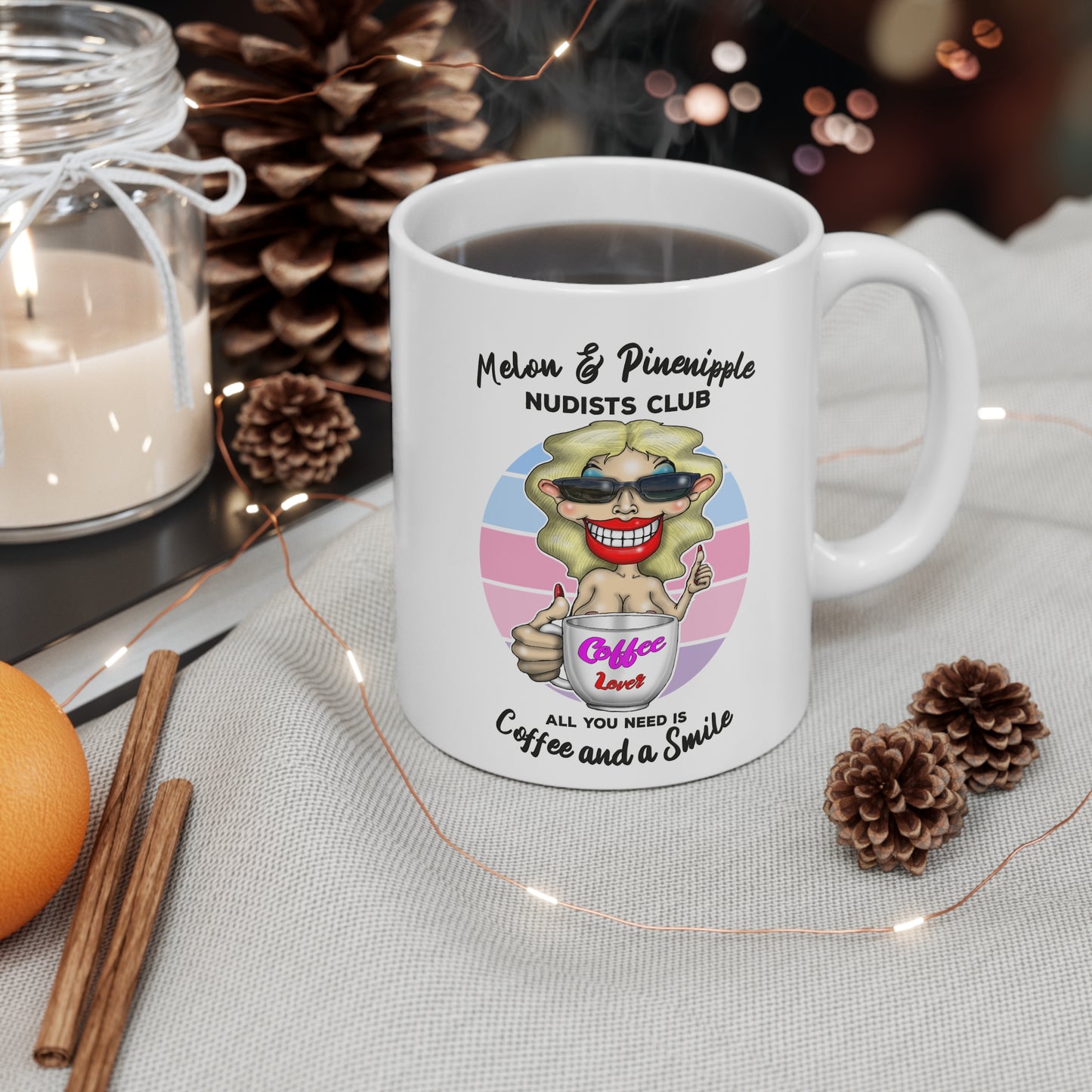 Melon & Pineapple Nudists Club Coffee Mug — "All You Need Is Coffee and a Smile" 11oz Ceramic