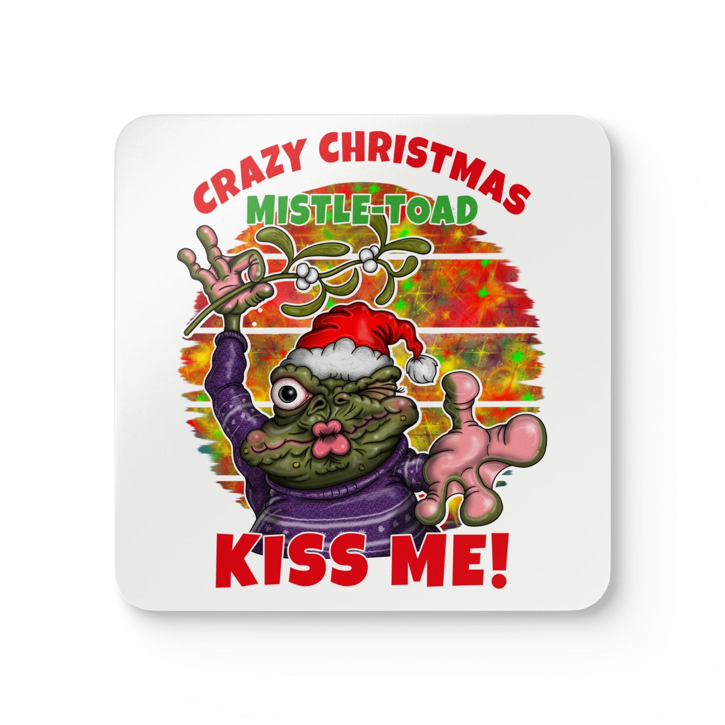 Cork Coaster Set — "Crazy Christmas Mistle-Toad Kiss Me" Holiday Drink Coasters