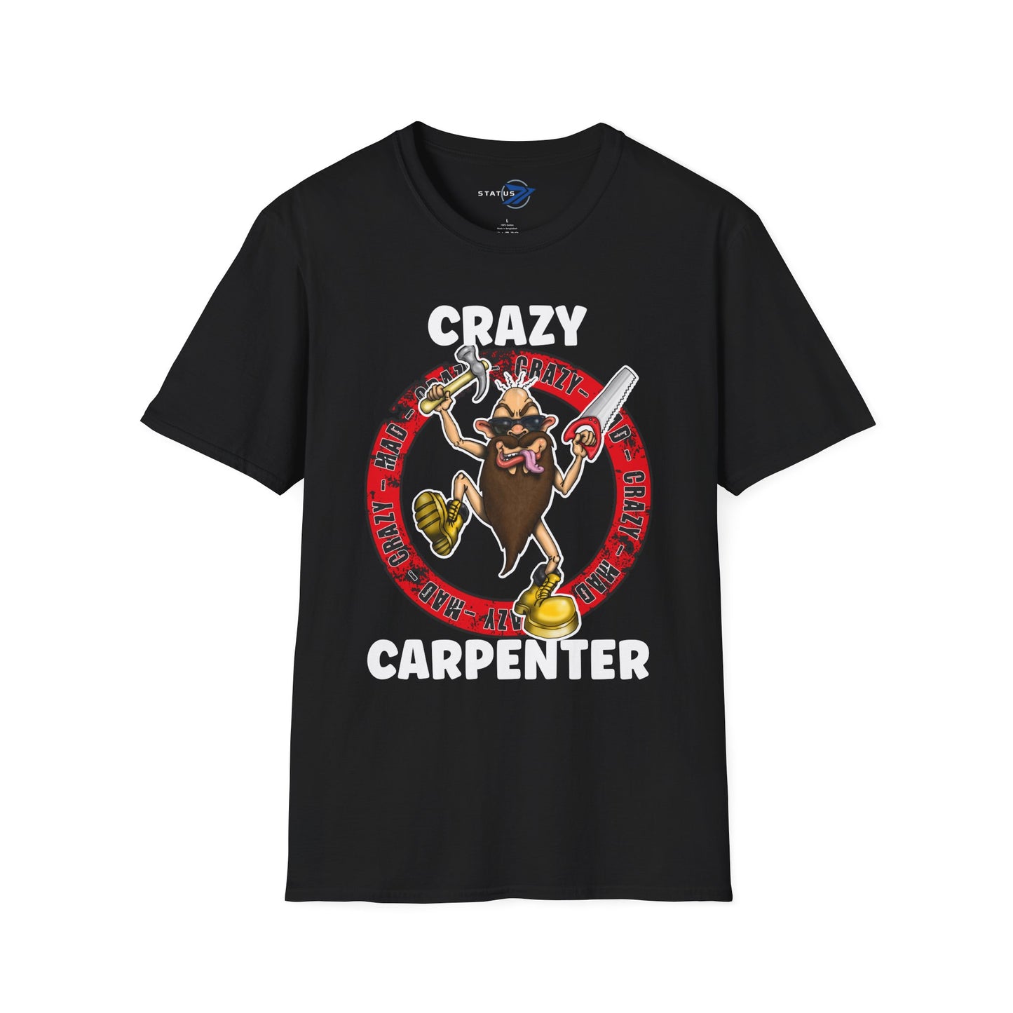 Crazy Carpenter T-Shirt — Funny Tool Mascot Tee for Woodworkers & Tradespeople
