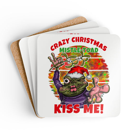 Cork Coaster Set — "Crazy Christmas Mistle-Toad Kiss Me" Holiday Drink Coasters