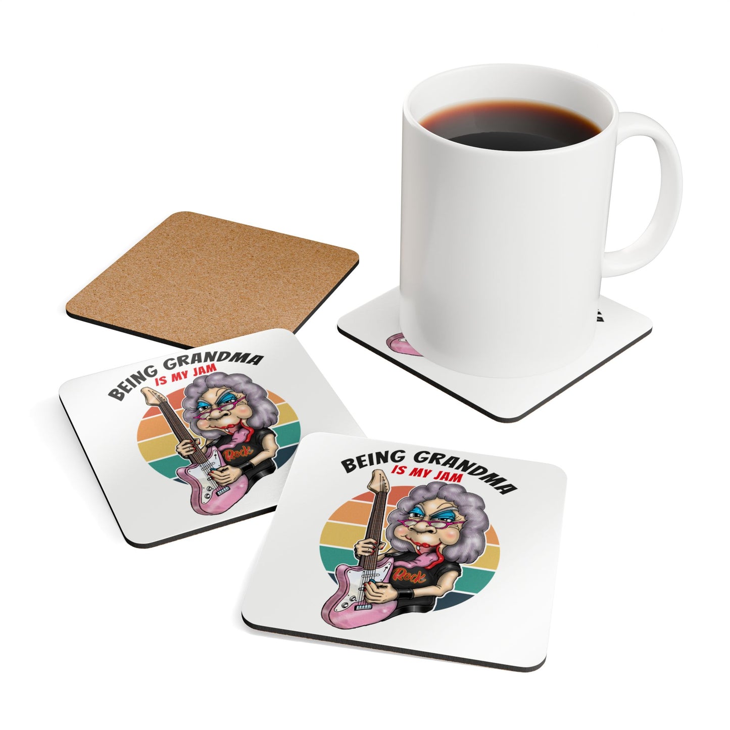 Grandma Jammin' Pink Guitar Coaster Set — Retro Sunset Drink Coasters