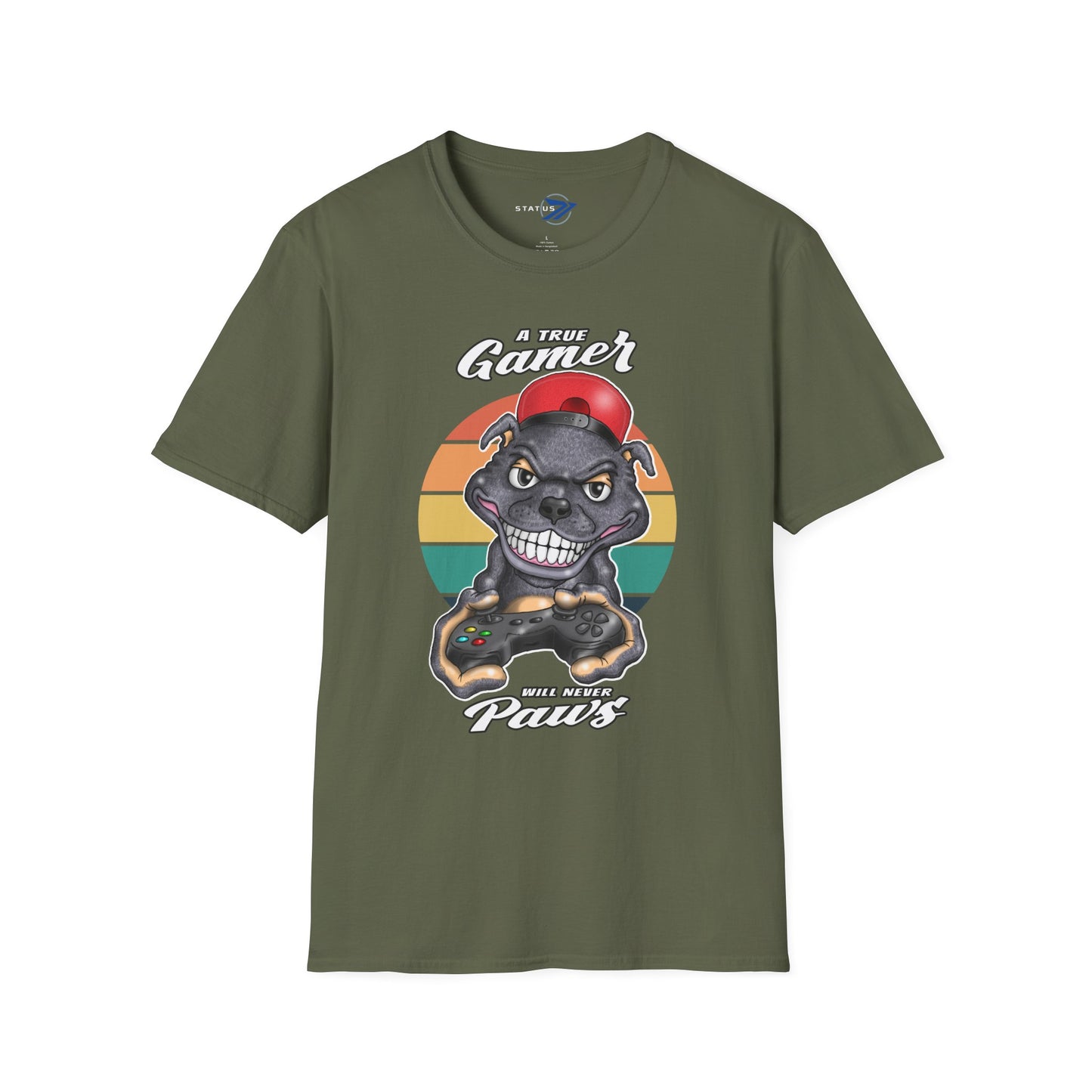 A True Gamer Never Paws T-Shirt — Retro Pit Bull Holding Game Controller Graphic Tee