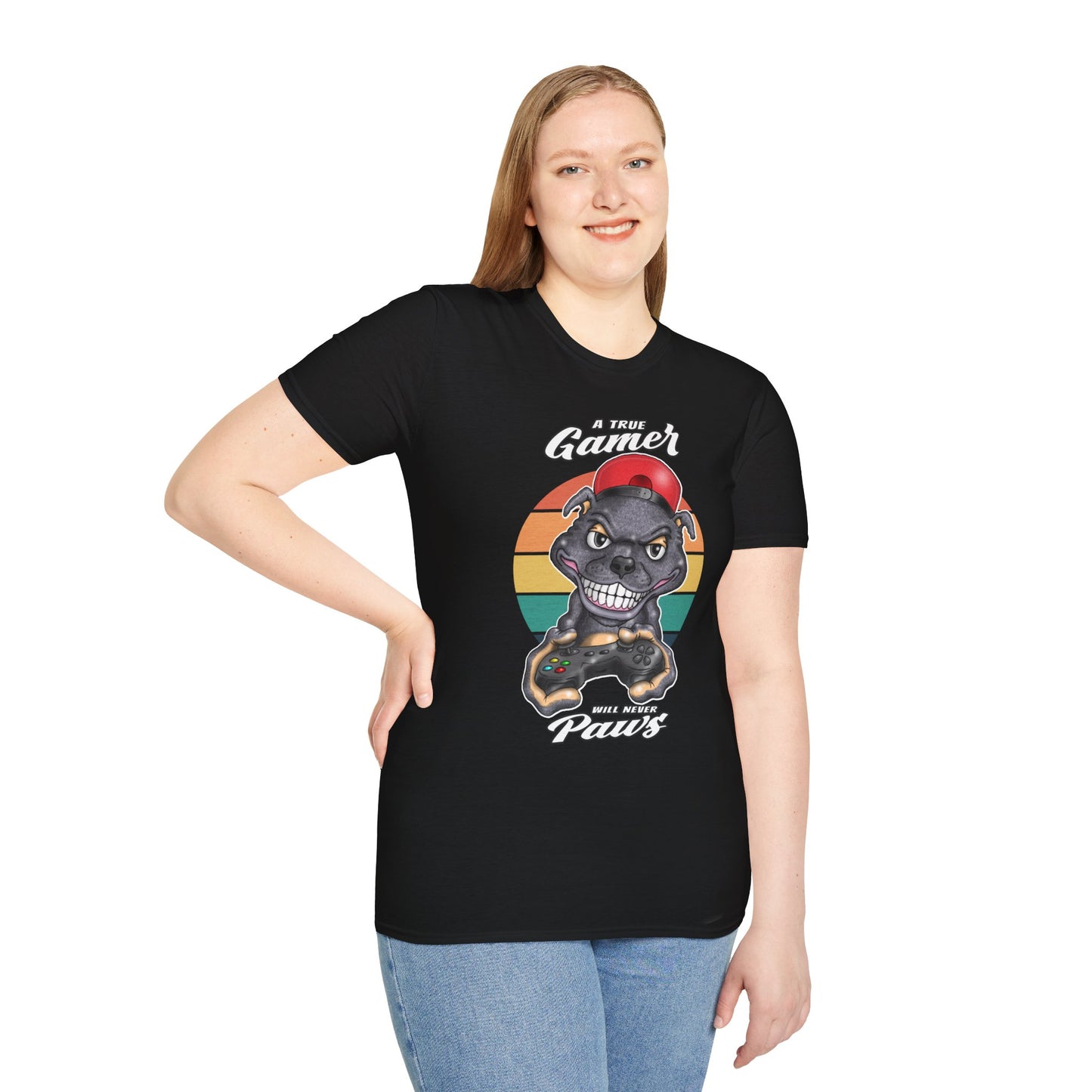 A True Gamer Never Paws T-Shirt — Retro Pit Bull Holding Game Controller Graphic Tee