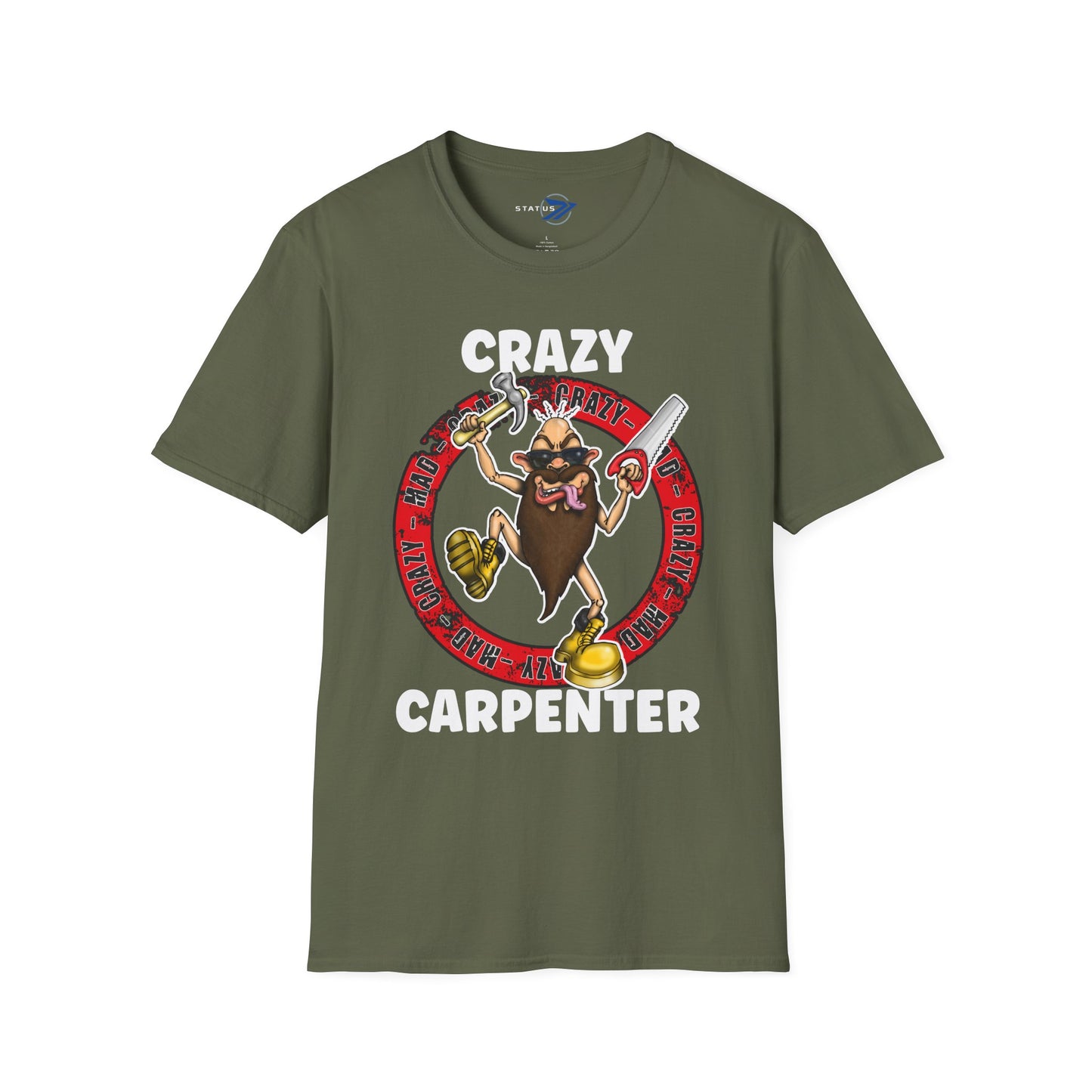 Crazy Carpenter T-Shirt — Funny Tool Mascot Tee for Woodworkers & Tradespeople