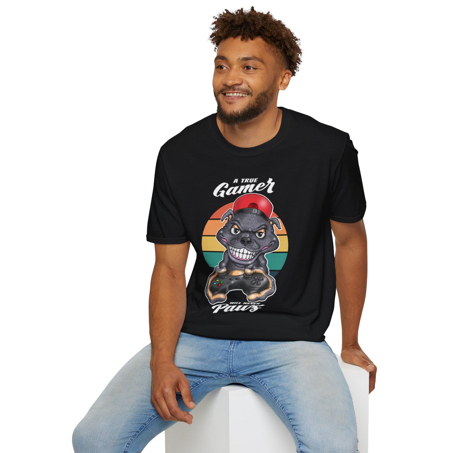 A True Gamer Never Paws T-Shirt — Retro Pit Bull Holding Game Controller Graphic Tee