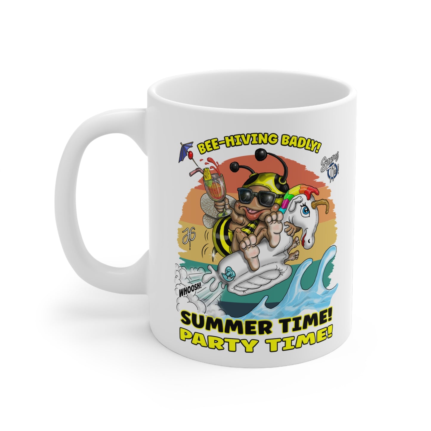 Summer Party Mug — 'Bee-Hiving Badly! Summer Time! Party Time!' Ceramic Coffee Cup