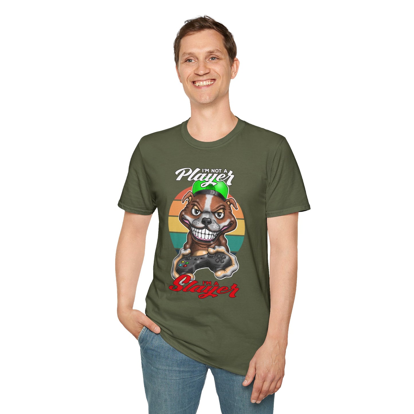 I'm Not A Player I'm A Slayer T-Shirt — Gamer Retro Pit Bull Graphic Tee