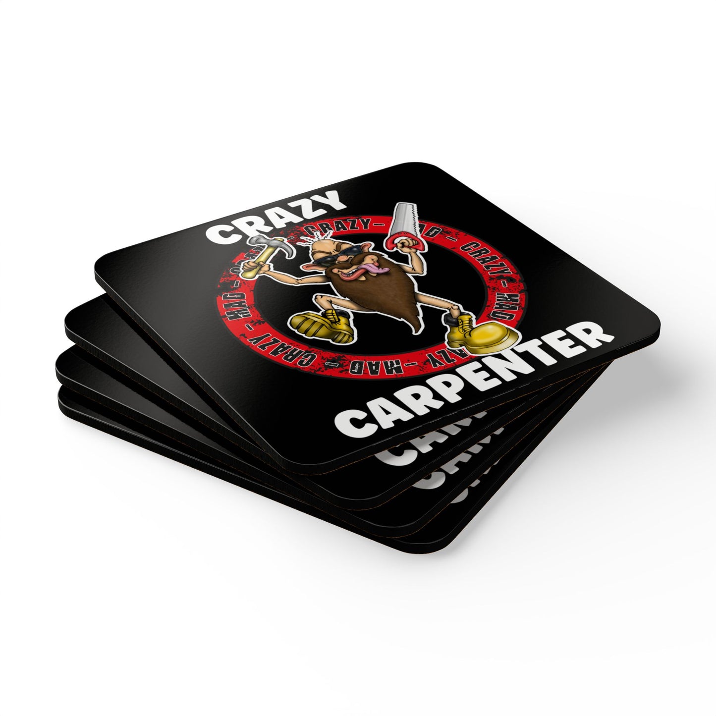 Crazy Carpenter Corkwood Coaster Set — Funny Carpenter Tools Drink Coasters