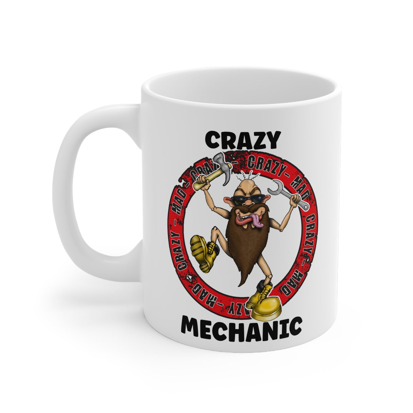 Crazy Mechanic Mug — Funny Auto Repair Coffee Cup, 'Crazy' Beard Character 11oz