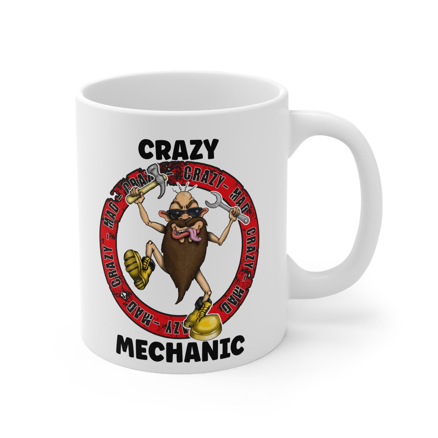 Crazy Mechanic Mug — Funny Auto Repair Coffee Cup, 'Crazy' Beard Character 11oz