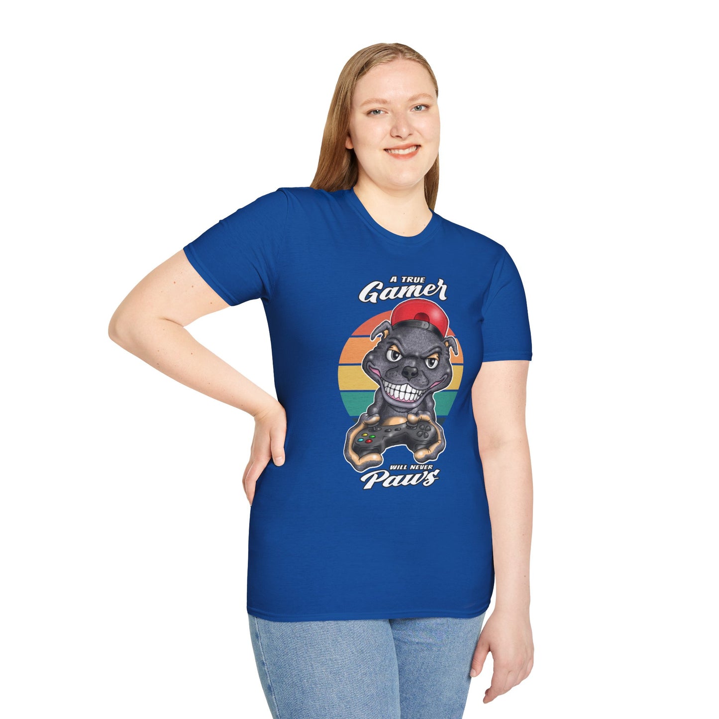 A True Gamer Never Paws T-Shirt — Retro Pit Bull Holding Game Controller Graphic Tee
