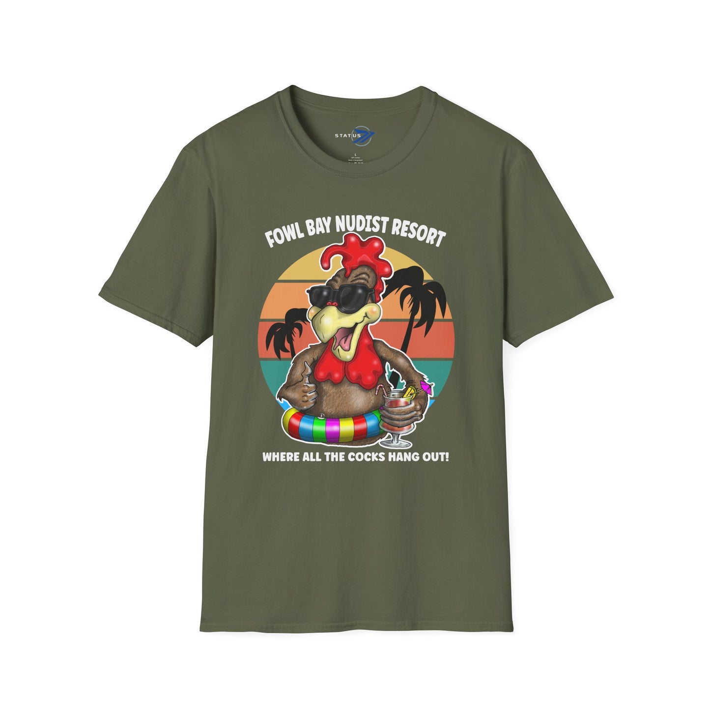 T-Shirt – Fowl Bay Nudist Resort Rooster Graphic Tee (Where All the Cocks Hang Out!)