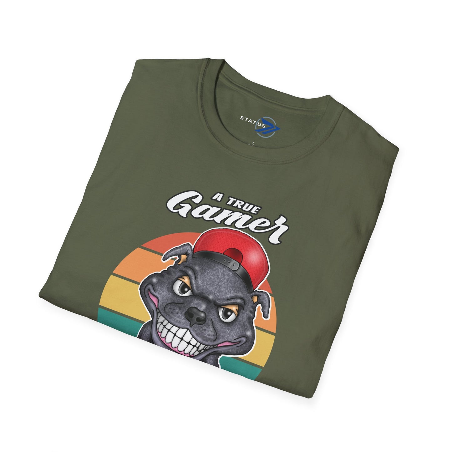 A True Gamer Never Paws T-Shirt — Retro Pit Bull Holding Game Controller Graphic Tee