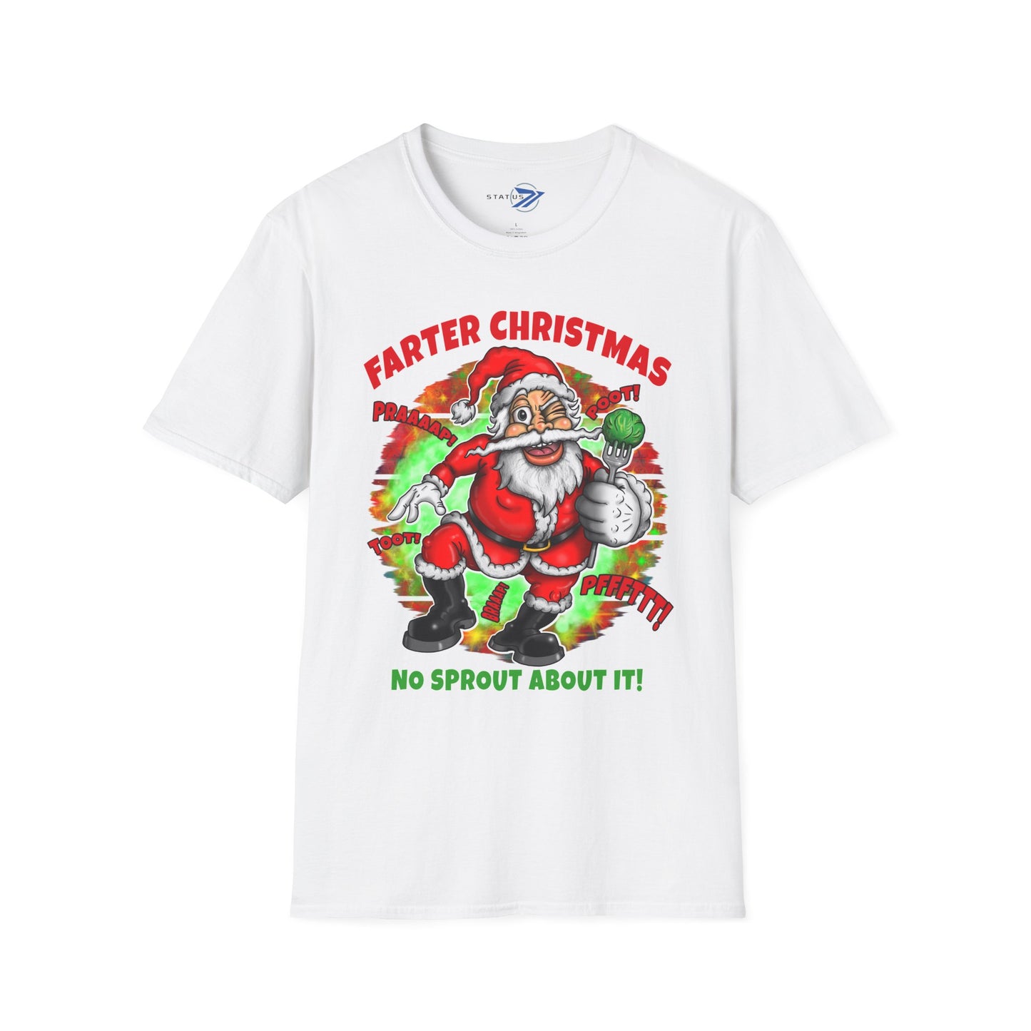 Funny Christmas T-Shirt — "Farter Christmas: No Sprout About It!" Santa Graphic Tee